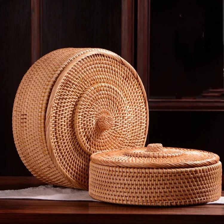 Cesta de Rattan com Tampa para Organização Elegante