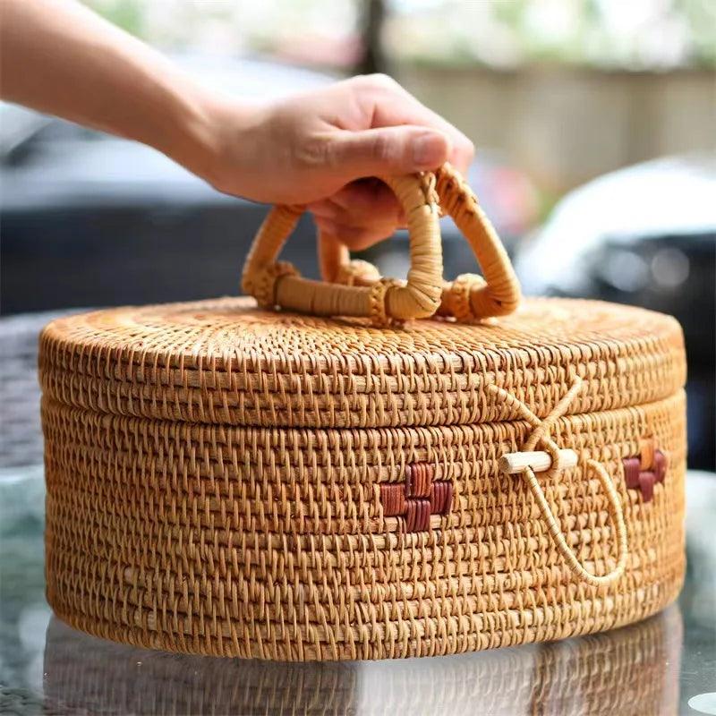 Cesta de Rattan Artesanal com Alça para Armazenamento